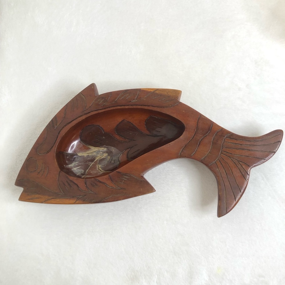 Vintage Wooden Fish Trinket Dish Bowl Serving Tray Keys Jewelry Fishing Sushi